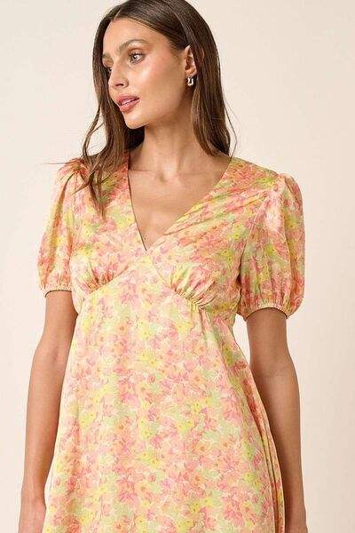 Mittoshop Printed V-Neck Puff Sleeve Mini Dress - Trendsi - Flyclothing LLC