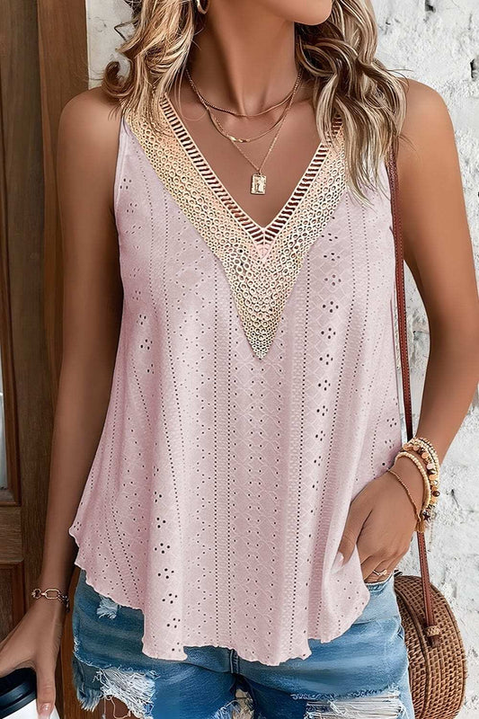 Eyelet V-Neck Wide Strap Tank - Trendsi - Flyclothing LLC