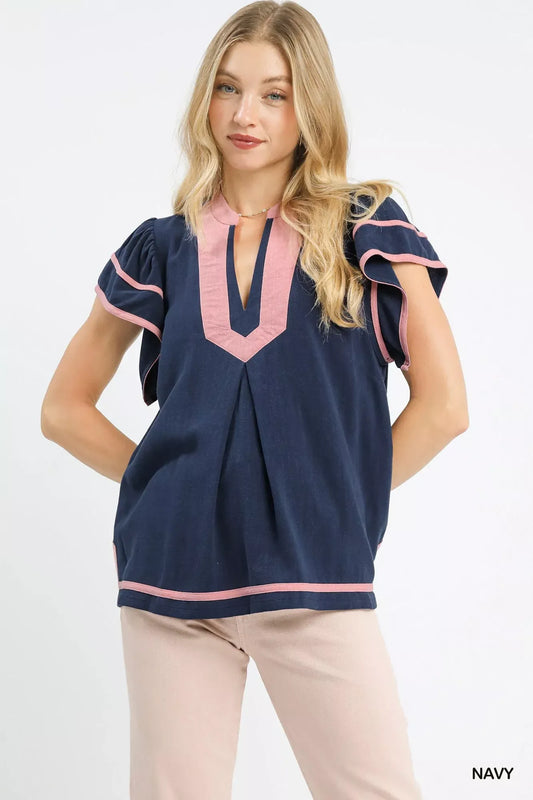 Umgee Linen Ruffle Sleeve Top - Trendsi - Flyclothing LLC