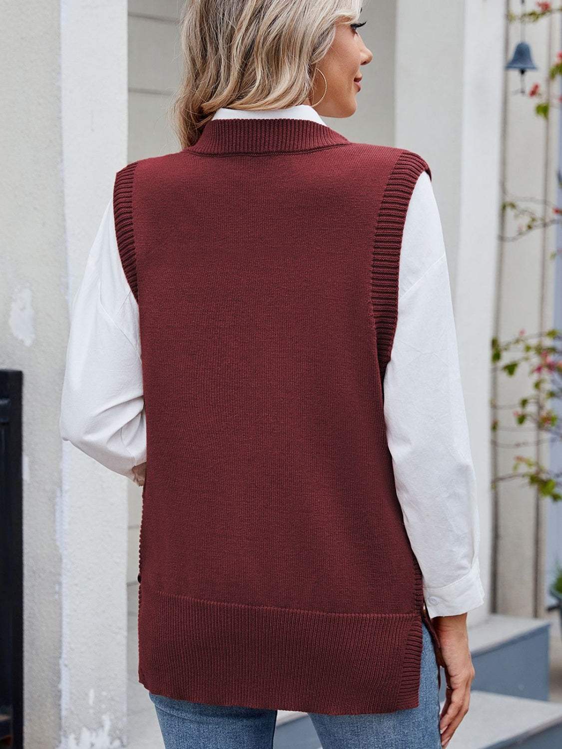 Buttoned Round Neck Sweater Vest - Trendsi - Flyclothing LLC