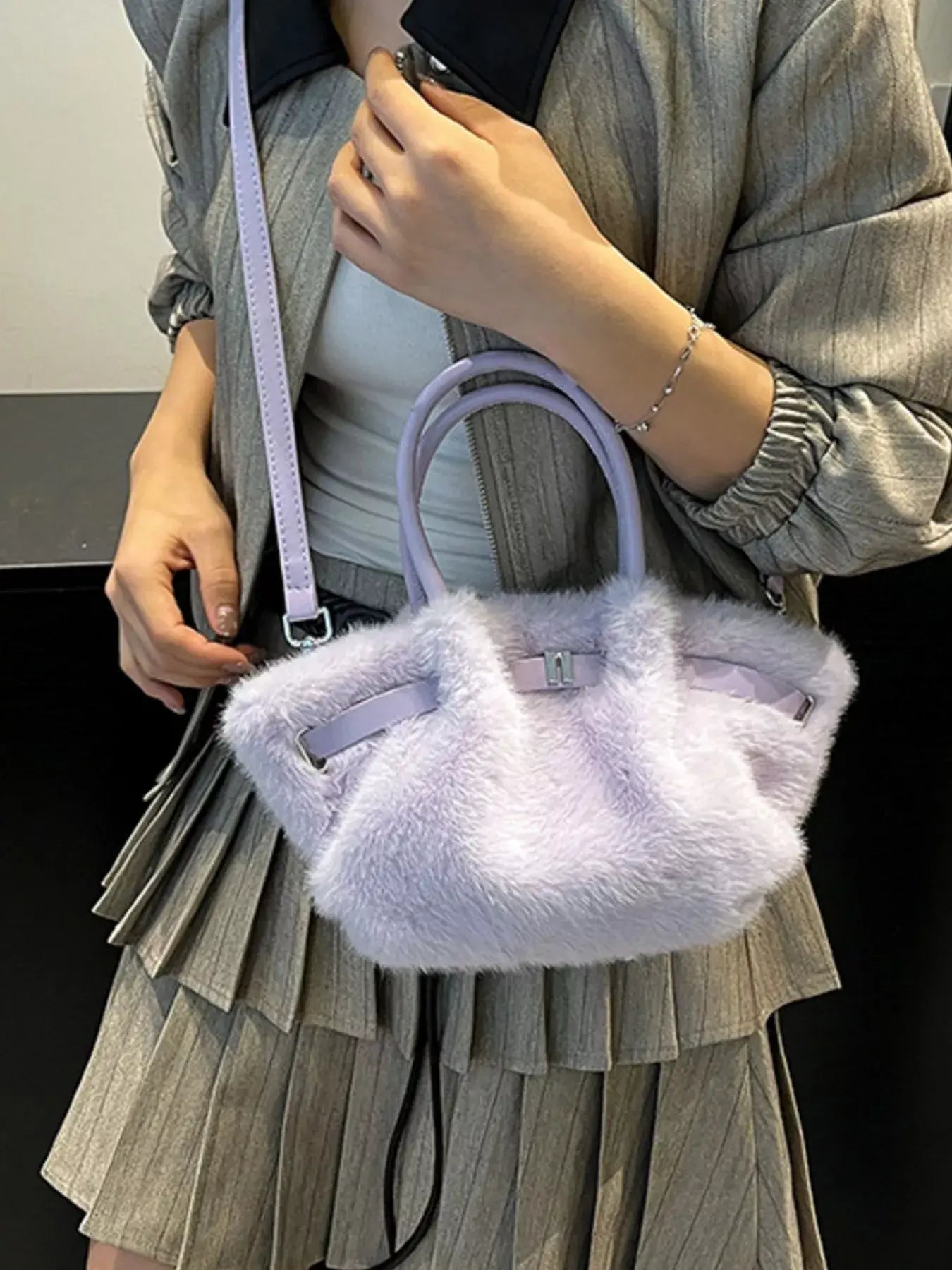 Fluffy Crossbody Bag with Buckle Detail - Trendsi - Flyclothing LLC