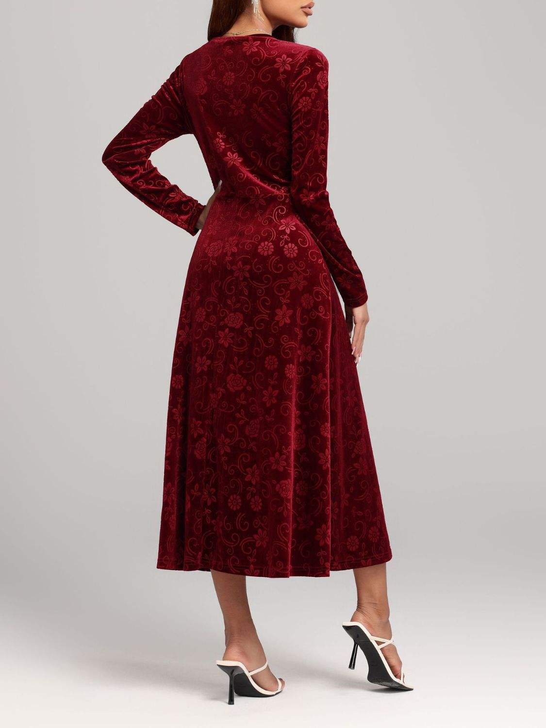 Flower Print V-Neck Long Sleeve Midi Dress - Trendsi - Flyclothing LLC