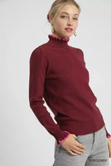 Umgee Ribbed Round Neck Sweater with Ruffle Contrast Trim - Trendsi - Flyclothing LLC