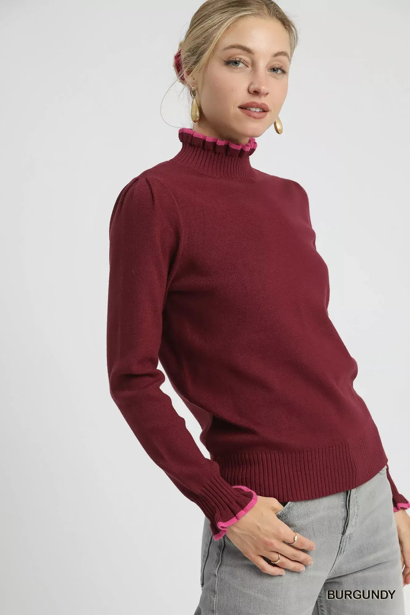Umgee Ribbed Round Neck Sweater with Ruffle Contrast Trim - Trendsi - Flyclothing LLC