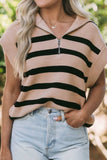 Striped Half Zip Cap Sleeve Knit Top - Trendsi - Flyclothing LLC