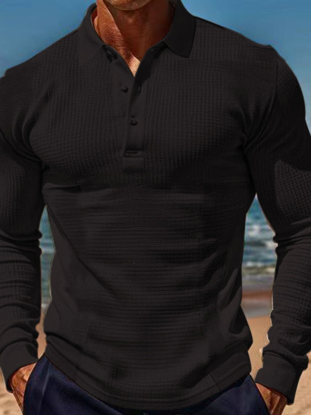 Men's Full Size Waffle-Knit Quarter Button Polo Plus Size - Trendsi