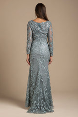 Lara 29924 - Long Sleeve Lace Dress With Lace Appliques