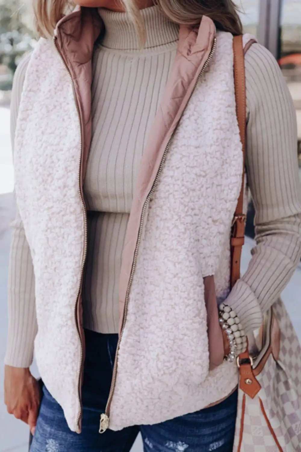 Fuzzy Zip Up Vest Coat with Pockets - Trendsi - Flyclothing LLC