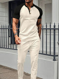 Men's Full Size Waffle-Knit Contrast Top and Drawstring Pants Set Plus Size - Trendsi