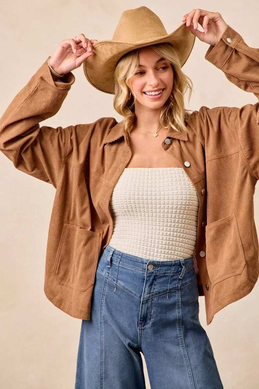 BiBi Corduroy Relaxed Fit Shacket with Back Pleat - Trendsi - Flyclothing LLC