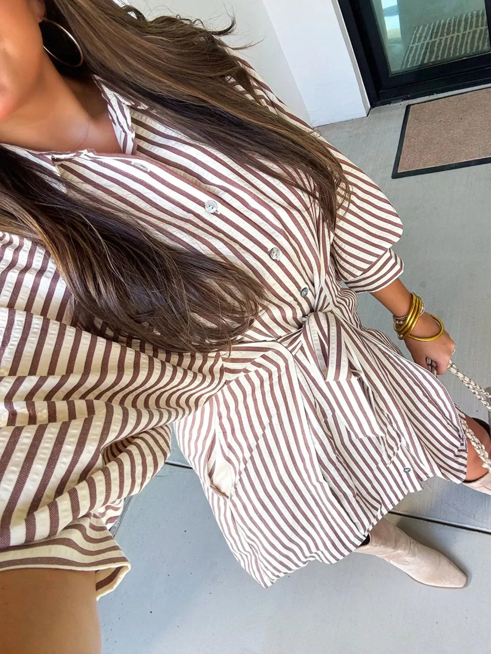 Striped Tie Waist Shirt Dress - Trendsi - Flyclothing LLC