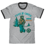 Smokey Bear Please Be Careful Prevent Wildfires Ringer T-Shirt - Gray and Black