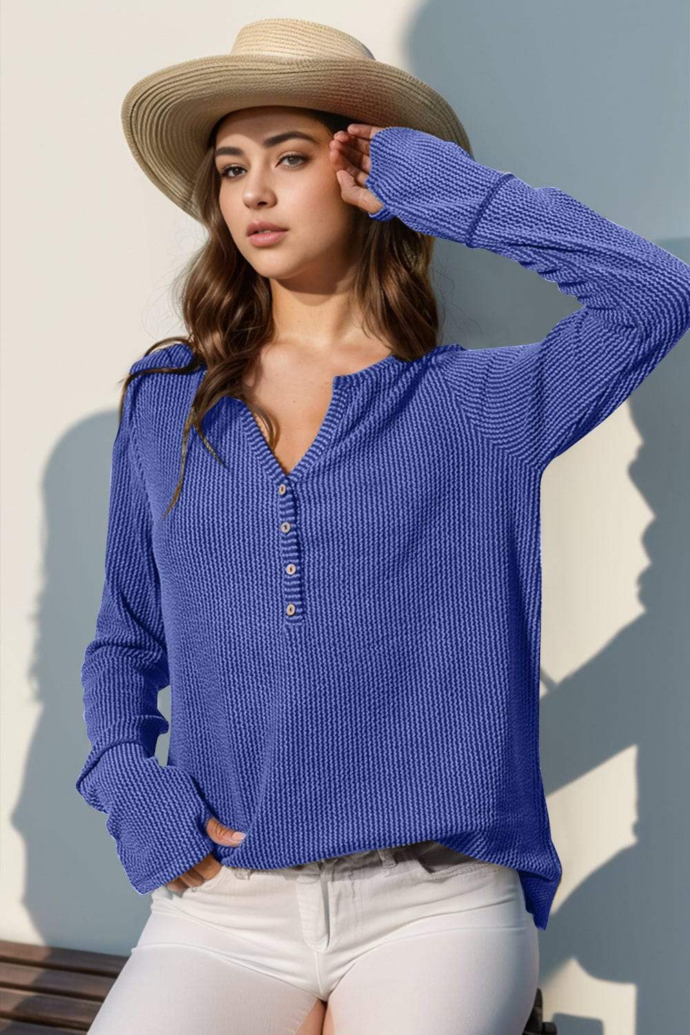 Double Take Full Size Notched Thumbhole Long Sleeve T-Shirt - Trendsi - Flyclothing LLC