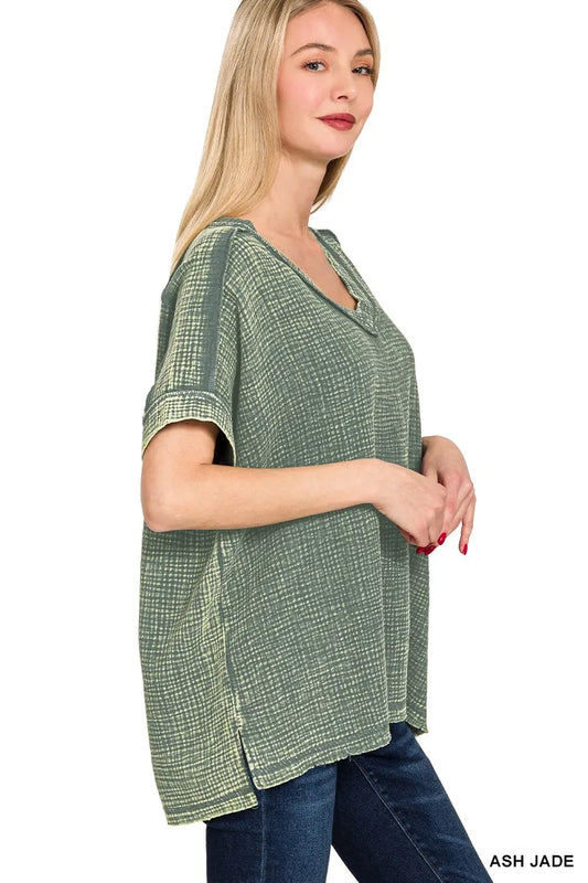 Zenana Acid Washed Double Gauze V-Neck Tee - Trendsi - Flyclothing LLC