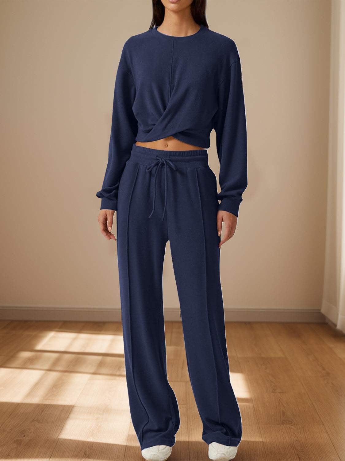 Crisscross Round Neck Top and Drawstring Pants Set - Trendsi - Flyclothing LLC