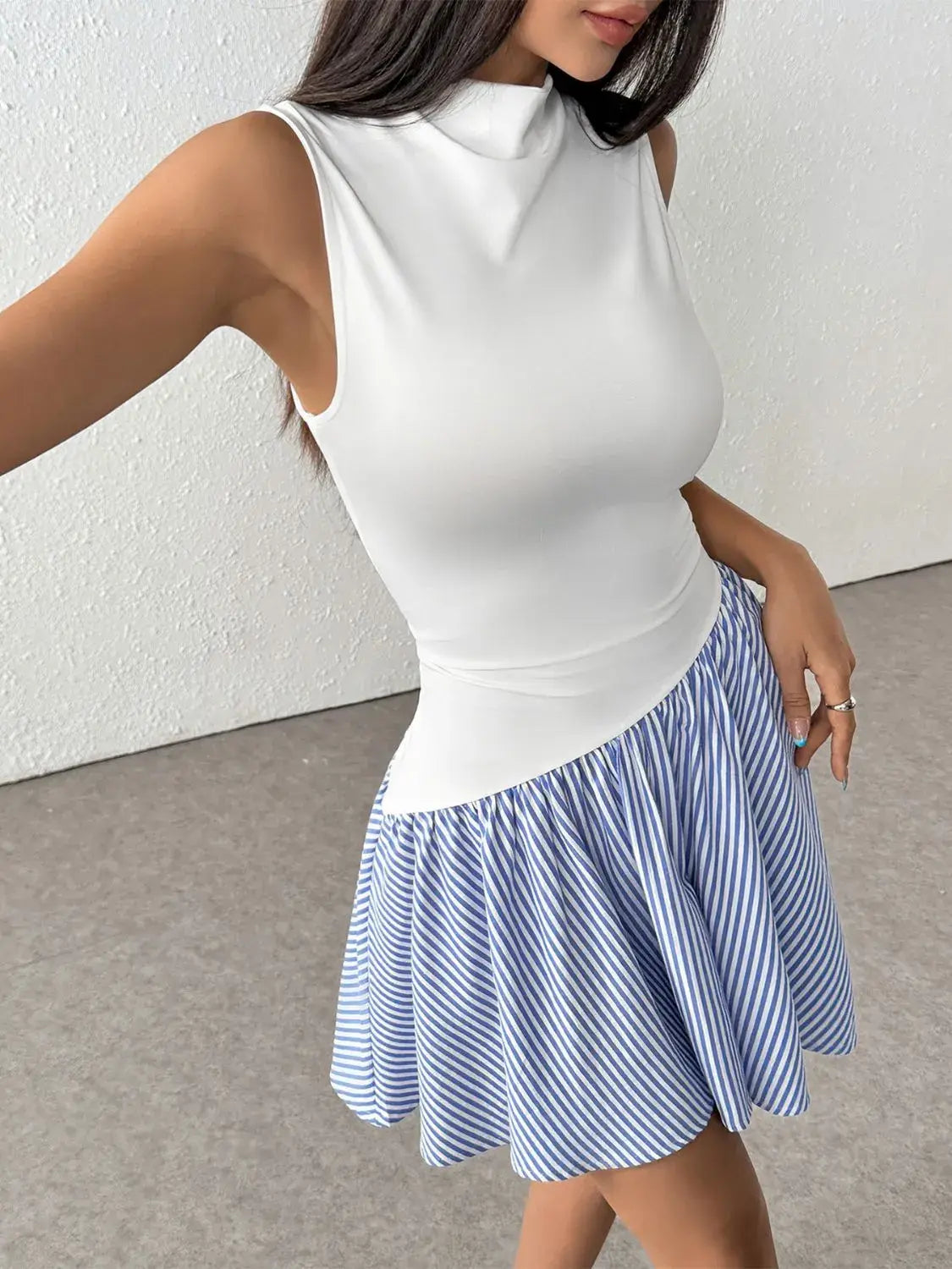 Striped Mock Neck Sleeveless Mini Tank Dress - Trendsi - Flyclothing LLC