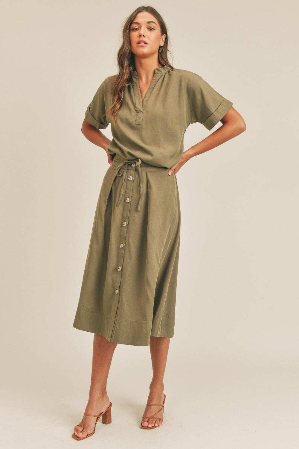MABLE Short Sleeve Top and Button Down Midi Skirt Set - Trendsi - Flyclothing LLC