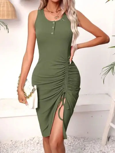 Ruched Drawstring Slit Tank Dress - Trendsi - Flyclothing LLC