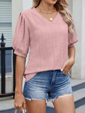 Puff Sleeve V-Neck Eyelet Lace T-Shirt - Trendsi - Flyclothing LLC