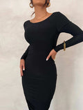 Backless Ruched Long Sleeve Maxi Dress - Trendsi