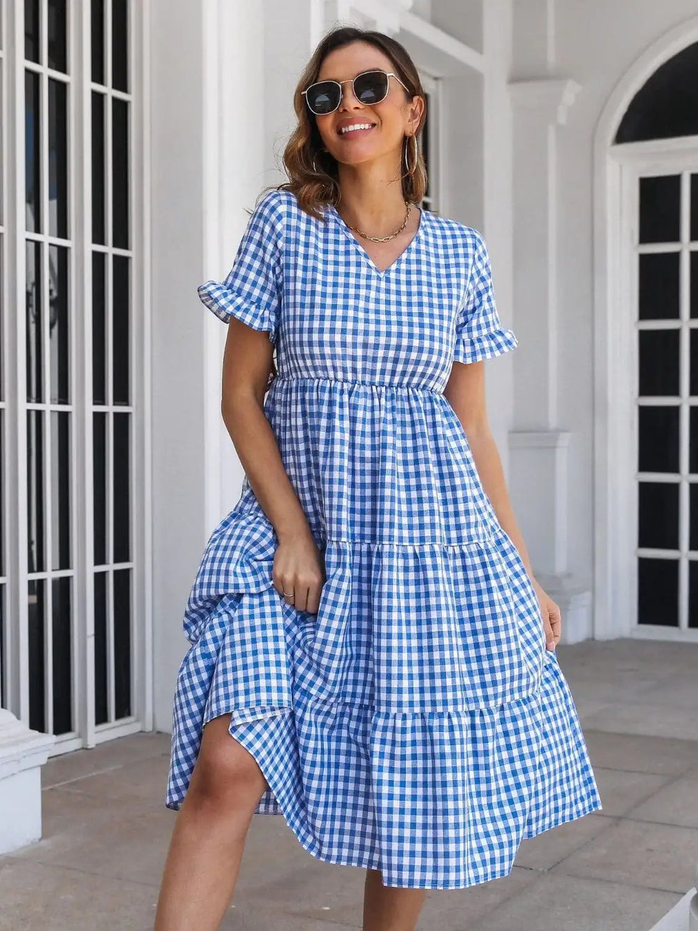 Plaid V-Neck Short Sleeve Midi Dress - Trendsi