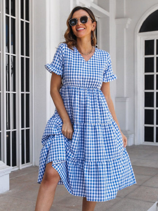 Plaid V-Neck Short Sleeve Midi Dress - Trendsi