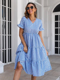 Plaid V-Neck Short Sleeve Midi Dress - Trendsi