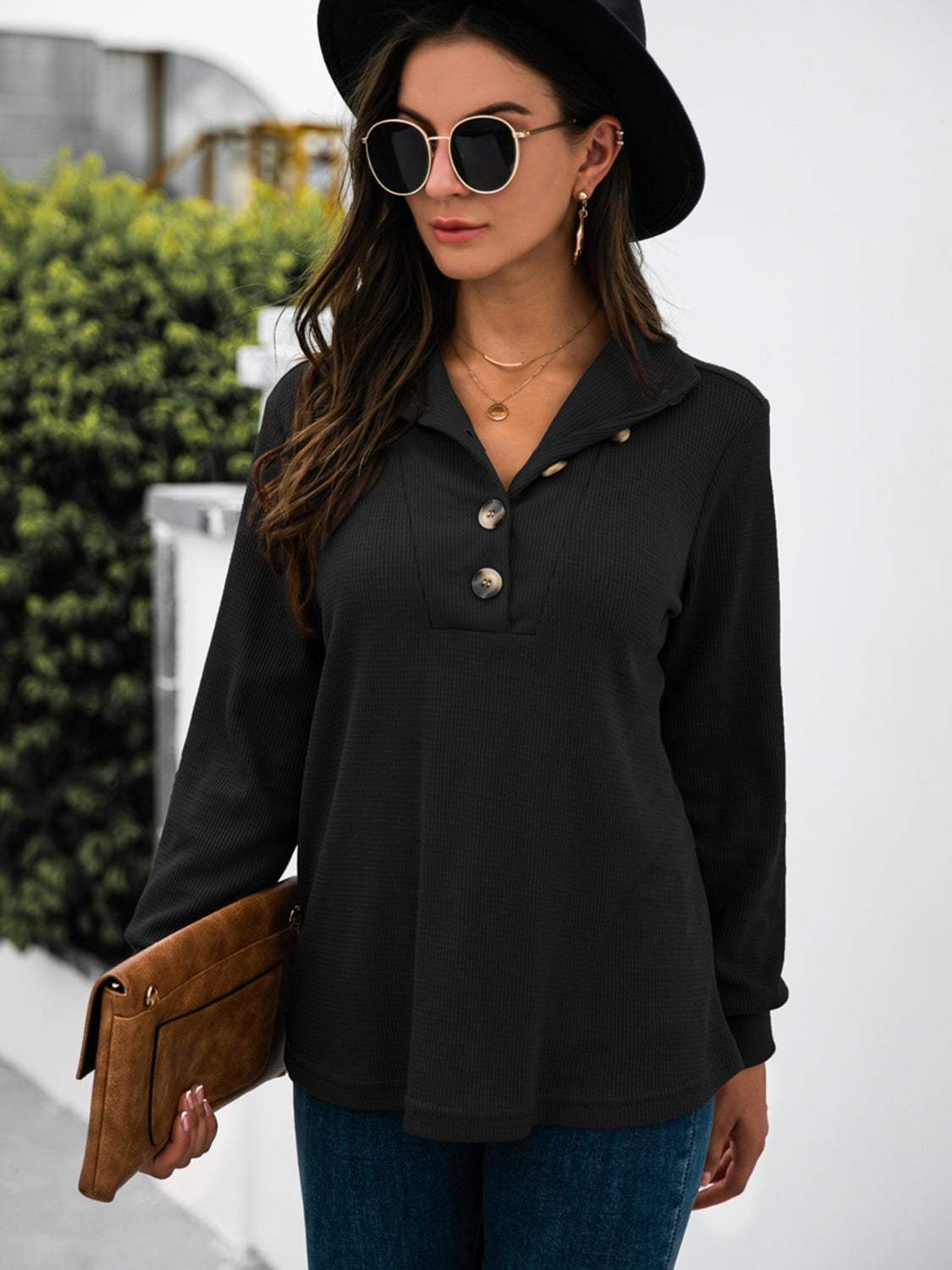 Half Button Long Sleeve T-Shirt - Trendsi - Flyclothing LLC