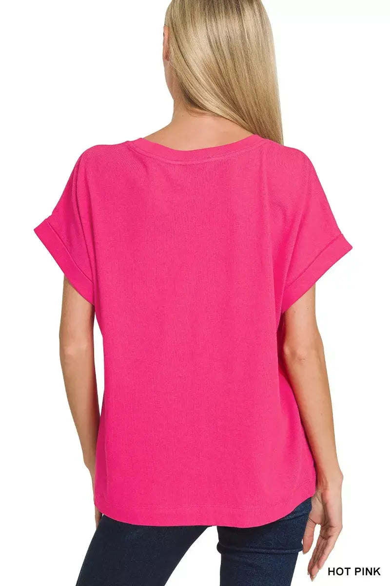 Zenana Cuffed Front Pocket Short Sleeve Tee - Trendsi - Flyclothing LLC