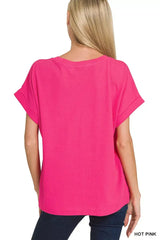 Zenana Cuffed Front Pocket Short Sleeve Tee - Trendsi - Flyclothing LLC