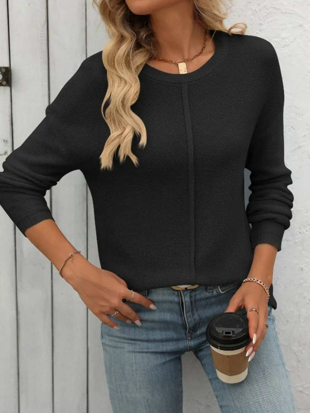 Round Neck Dropped Shoulder Knit Top - Trendsi - Flyclothing LLC