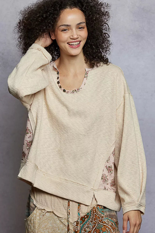 POL Balloon Sleeve Oversized Ribbed Top with Floral Pattern Contrast - Trendsi - Flyclothing LLC