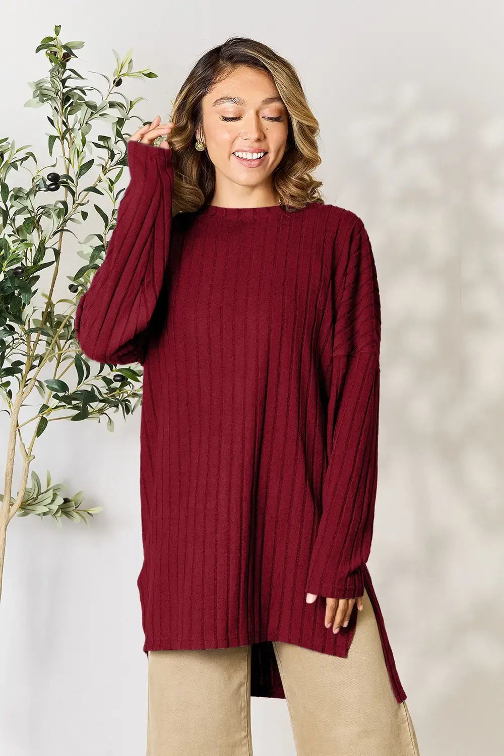 Basic Bae Full Size Ribbed Round Neck Long Sleeve Slit Top - ShopBasicbae - Flyclothing LLC