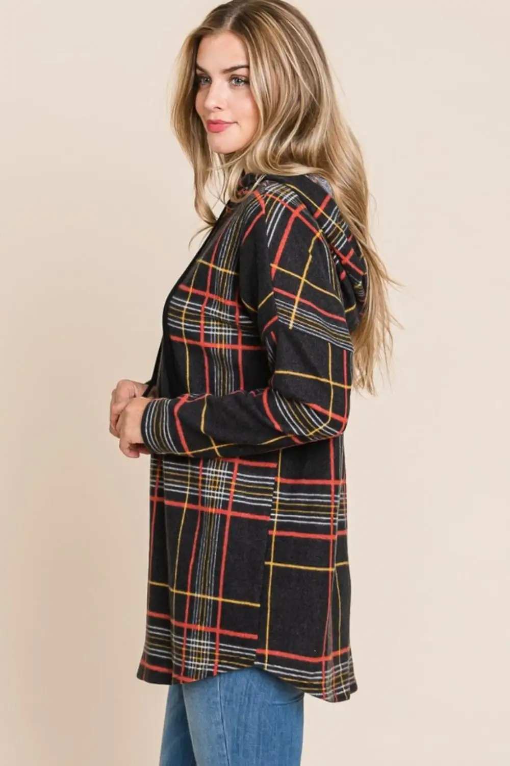 BOMBOM Drawstring Plaid Long Sleeve Hoodie - Trendsi - Flyclothing LLC