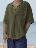 Men's Plus Size Openwork Collared Neck Quarter Button Knit Polo - Trendsi