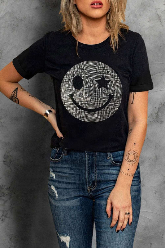 Rhinestone Smiley Round Neck Short Sleeve T-Shirt - Trendsi - Flyclothing LLC