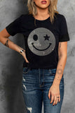 Rhinestone Smiley Round Neck Short Sleeve T-Shirt - Trendsi - Flyclothing LLC