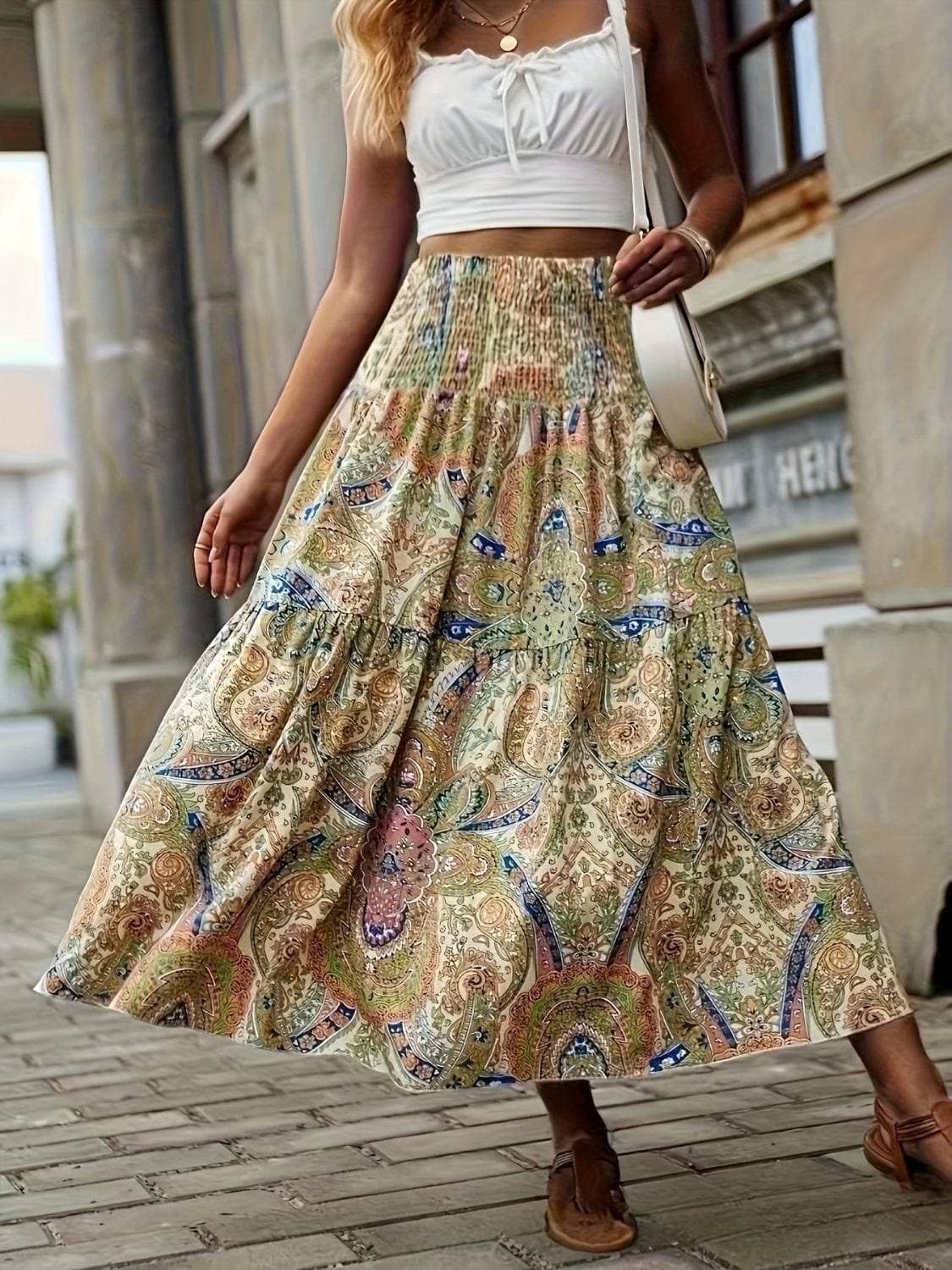 Full Size Tiered Smocked Printed High Waist Skirt - Trendsi - Flyclothing LLC