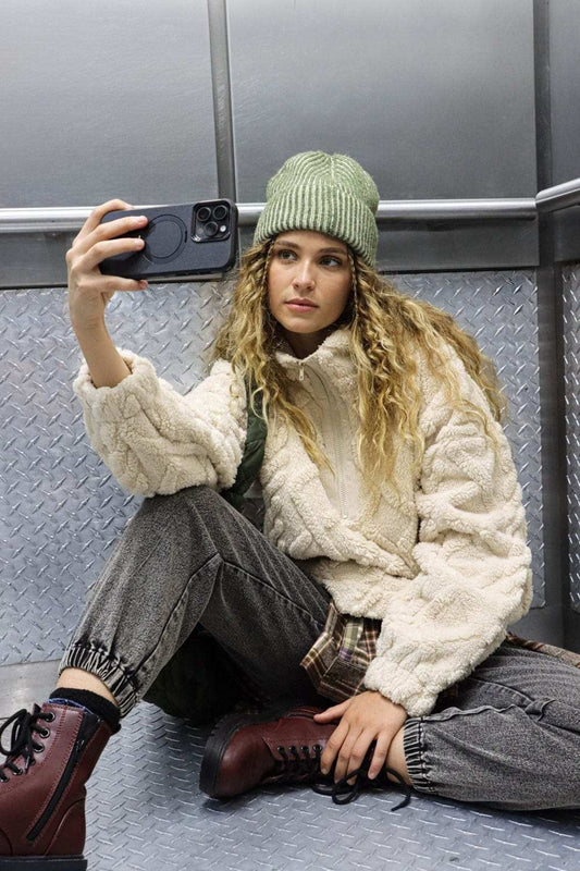 VERY J Fuzzy Fleece Half Zip Cable Pattern Sweatshirt - Trendsi - Flyclothing LLC