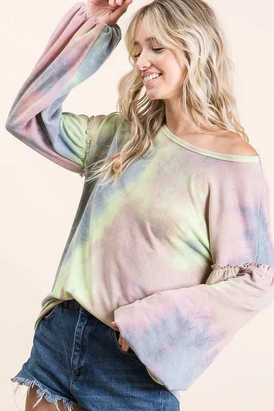 BiBi Tie Dye French Terry Sweatshirt With Bubble Sleeves - Trendsi - Flyclothing LLC