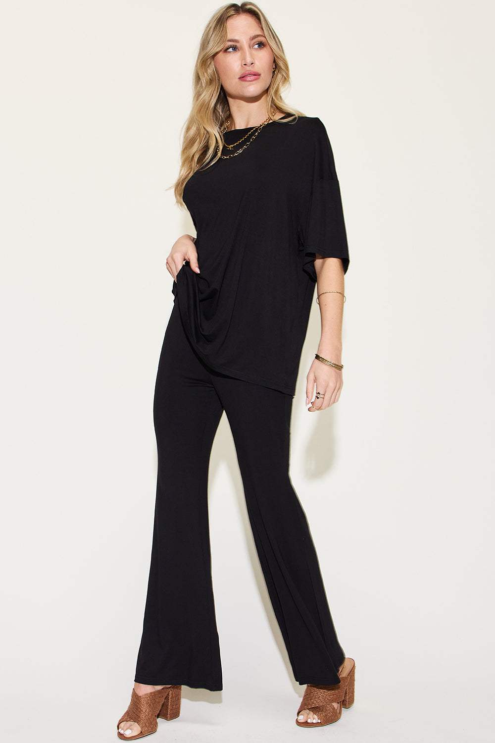 Basic Bae Full Size Bamboo Drop Shoulder T-Shirt and Flare Pants Set - Trendsi - Flyclothing LLC