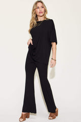 Basic Bae Full Size Bamboo Drop Shoulder T-Shirt and Flare Pants Set - Trendsi - Flyclothing LLC