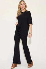 Basic Bae Full Size Bamboo Drop Shoulder T-Shirt and Flare Pants Set - ShopBasicbae - Flyclothing LLC
