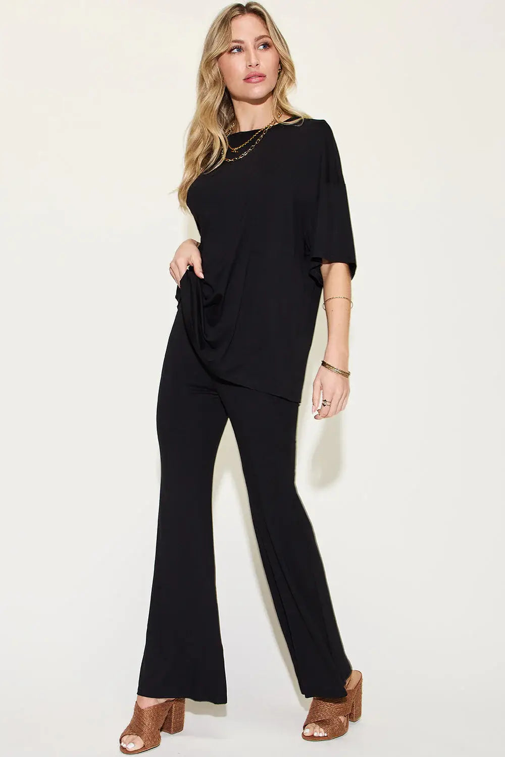 Basic Bae Full Size Bamboo Drop Shoulder T-Shirt and Flare Pants Set - ShopBasicbae - Flyclothing LLC
