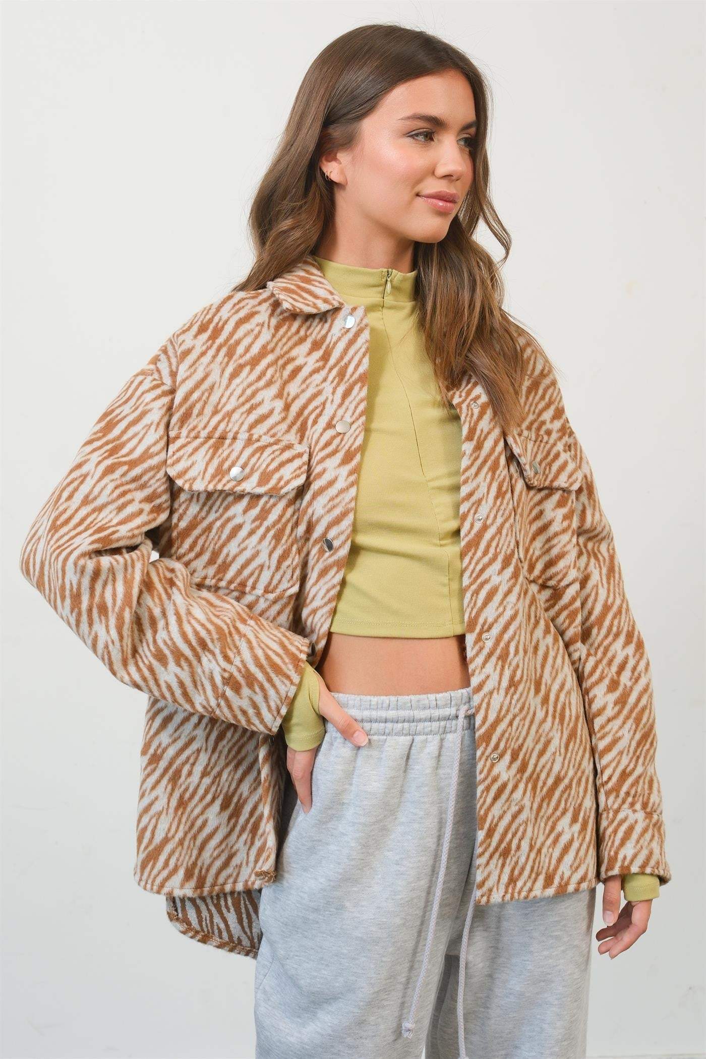 HYFVE Zebra Print Snap Down Long Sleeve Shacket - Trendsi - Flyclothing LLC