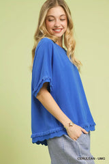 Umgee Linen Frayed Hem Scallop Edge Top - Trendsi - Flyclothing LLC