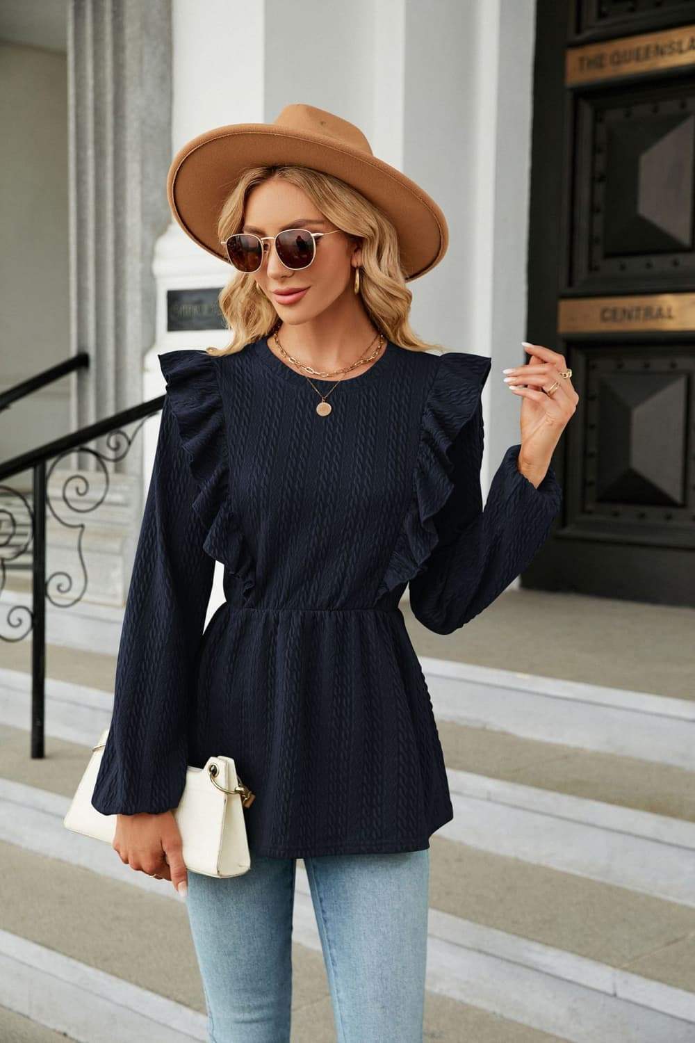 Round Neck Ruffled Peplum Blouse - Trendsi - Flyclothing LLC
