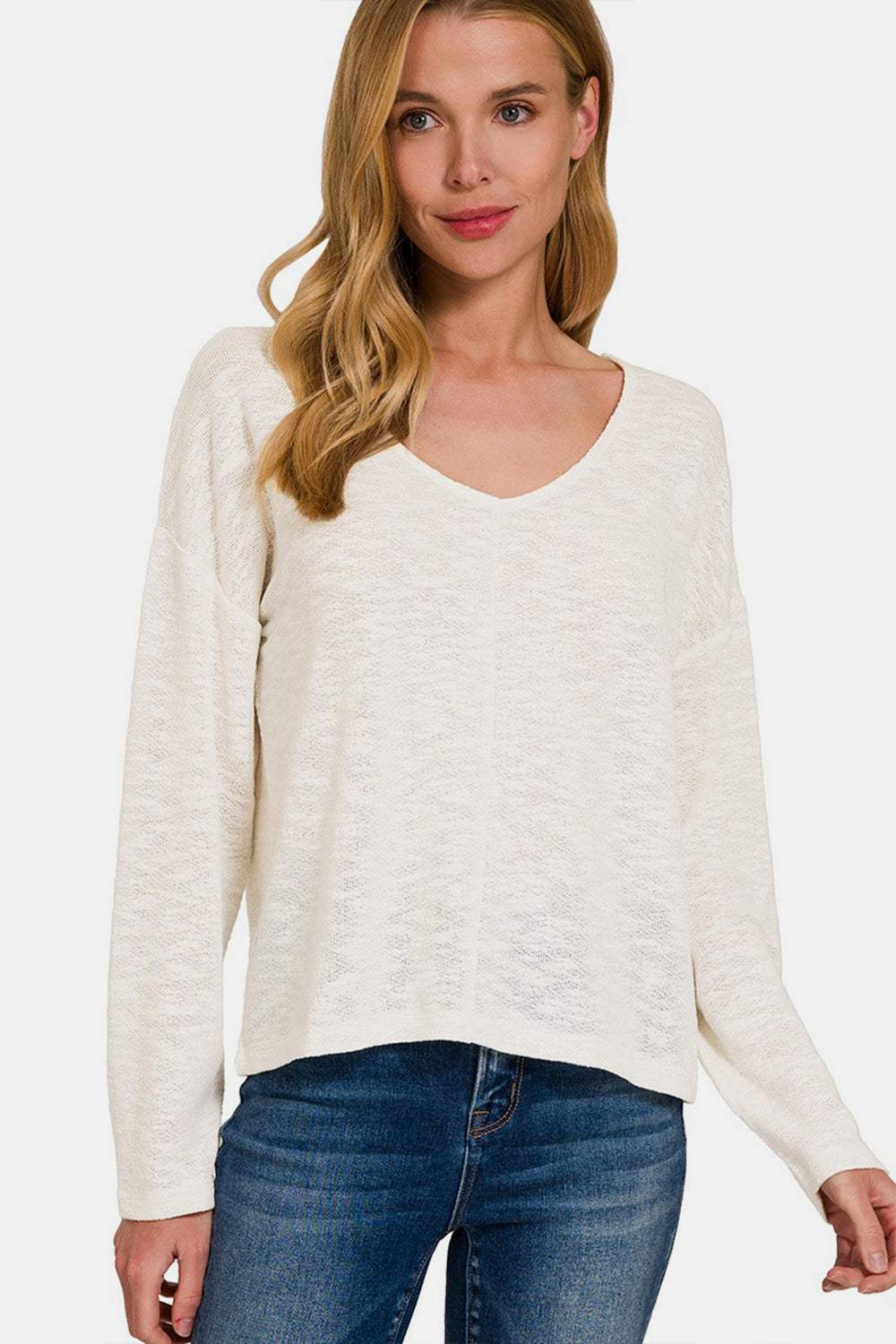 Zenana V-Neck Dropped Shoulder Long Sleeve T-Shirt - Trendsi - Flyclothing LLC