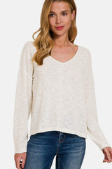 Zenana V-Neck Dropped Shoulder Long Sleeve T-Shirt - Trendsi - Flyclothing LLC