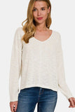 Zenana V-Neck Dropped Shoulder Long Sleeve T-Shirt - Trendsi - Flyclothing LLC